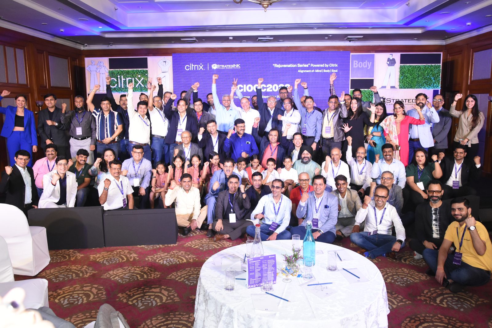 Large group photo at a corporate wellness event
